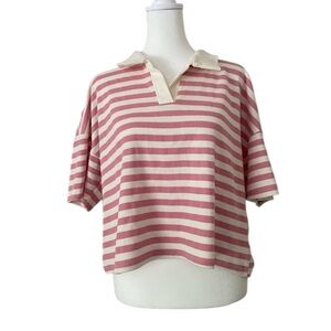 La Peche Cropped Polo Collared Short Sleeve Top Womens XL cream and pink